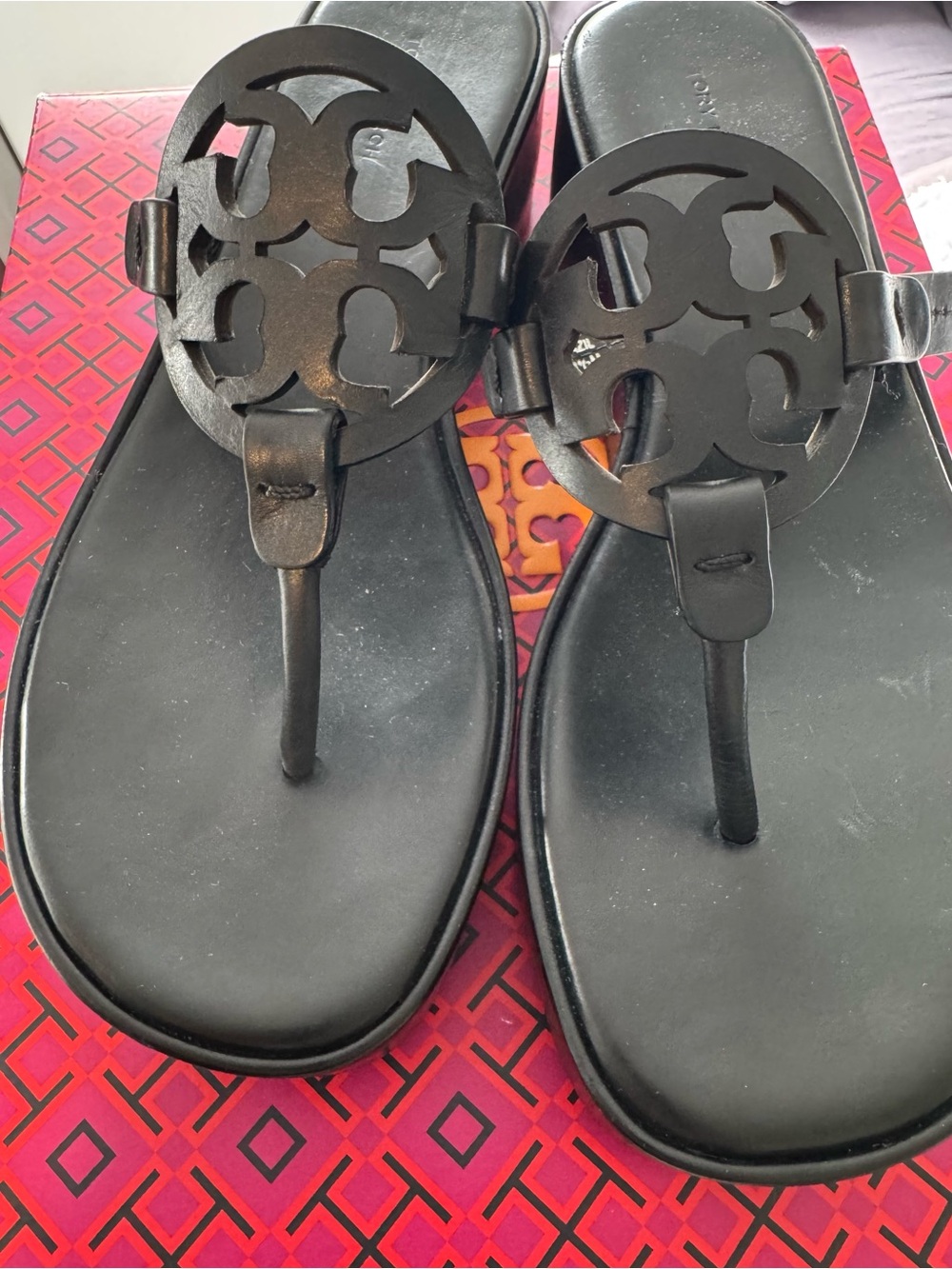 Tory Burch Black Logo Thong Wedge Sandals
